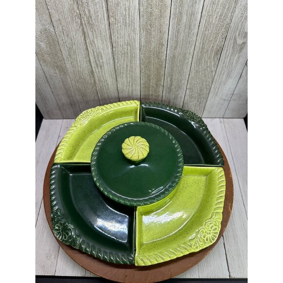 Vtg California Pottery Chips N Dip Lazy Susan Light & Dark Green Serving Set USA - Picture 2 of 9
